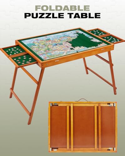 1500 Piece Wooden Jigsaw Puzzle Table with Drawers and Cover, Adjustable Puzzle Board with Foldable Legs, Portable Tilted Puzzle Easel for Adults, Velvet-Lined Tabletop and Drawers, Heavy Duty - size: 1500 Piece