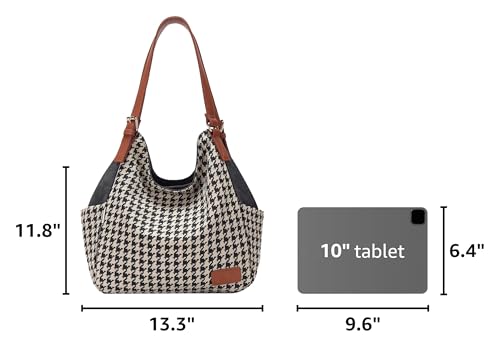 Worldlyda Women Canvas Hobo Purse Multi Pocket Tote Shopper Shoulder Bag Casual Top Handle handbag with Embroidery Ethnic - color: Be06black-houndstooth