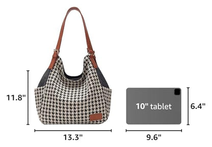 Worldlyda Women Canvas Hobo Purse Multi Pocket Tote Shopper Shoulder Bag Casual Top Handle handbag with Embroidery Ethnic - color: Be06black-houndstooth