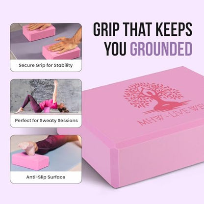Live Well Pink Yoga Block - EVA Foam Yoga Brick for Support, Stretching, & Alignment - Yoga Accessories for Home & Studio - 3x6x9 inches