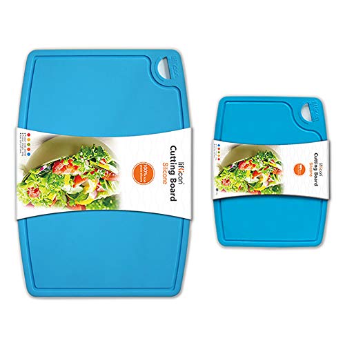 Liflicon Thick Silicone Cutting Boards for Kitchen Silicone Chopping Boards/Mats Set of 2 Extra Large14.6''x10.43'', Mini 9.1”x7.1” Non-slip Deep Drip Juice Groove, Dishwasher Safe-Blue - color: Blue, size: S+L