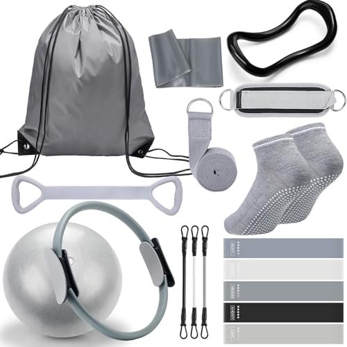 RoundFunny Pilates Ring Circle Set 18 Pcs Exercise Equipment Accessories for Women Workouts Pilates Ball Stretching Strap Magic Circle Yoga Ring Gym Back Bag Resistance Band Anti Slip Socks - color: Grey