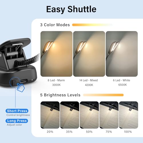 Vekkia 14 LED Rechargeable Book Light for Reading at Night | Eye-Care Reading Light for Books in Bed/180° Adjustable, Clip on Lamp/3 Color Temperatures, Lightweight - color: Jet Black