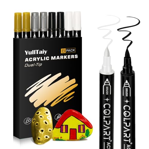 Dual Tip Acrylic Paint Pens Markers, 8 Pack Black White Silver Gold Paint Pens for Wood, Canvas, Stone, Rock Painting, Glass, Ceramic Surfaces, DIY Art Supplies (4 color) - color: 2 Black + 2 White + 2 Gold + 2 Silvery