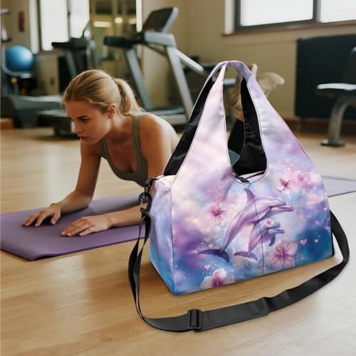 Gym Bag with Yoga Mat Holder Large Tote Bag With Multi Pockets for Women Men Dry Wet Separated Pocket Carryall Yoga Tote Bag for Pilates Travel Workout Office - color: Cherry Blossom