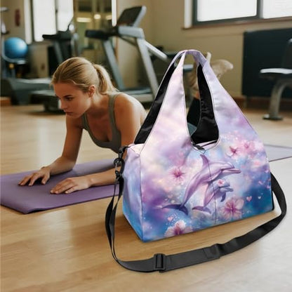 Gym Bag with Yoga Mat Holder Large Tote Bag With Multi Pockets for Women Men Dry Wet Separated Pocket Carryall Yoga Tote Bag for Pilates Travel Workout Office - color: Cherry Blossom