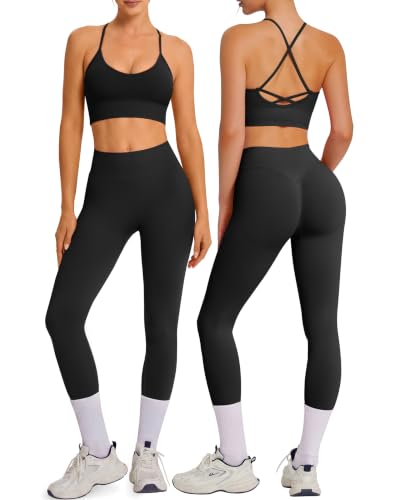 OMKAGI Padded Workout Sets for Women Cross Back Tank Gym Leggings Outfits - color: 772-black, size: Large