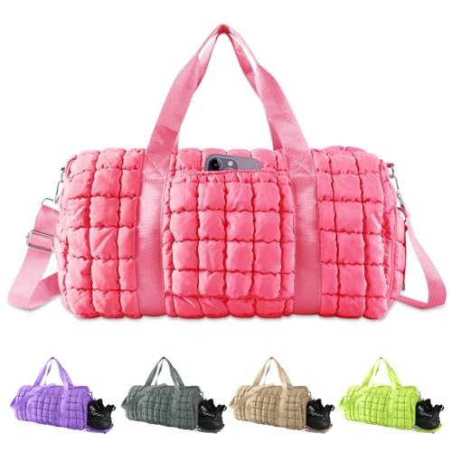 Quilted Travel Duffle Bag Gym Bag for Women,Large Puffer Duffle Weekender Bag with Compartment,Workout Overnight Carry on Organizer Bag Duffle Bag for Airplane Travel(Pink) - color: Pink, size: Medium