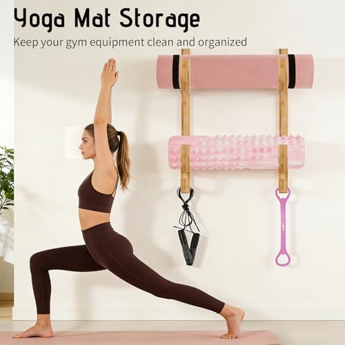 Wooden Yoga Mat Holder Wall Mount, Double Layer Yoga Mat Storage Rack with 4 Hooks, Home Gym Accessories for Yoga Mat Foam Roller Resistance Bands, Sturdy Wall Organizer for Home Gym School Office