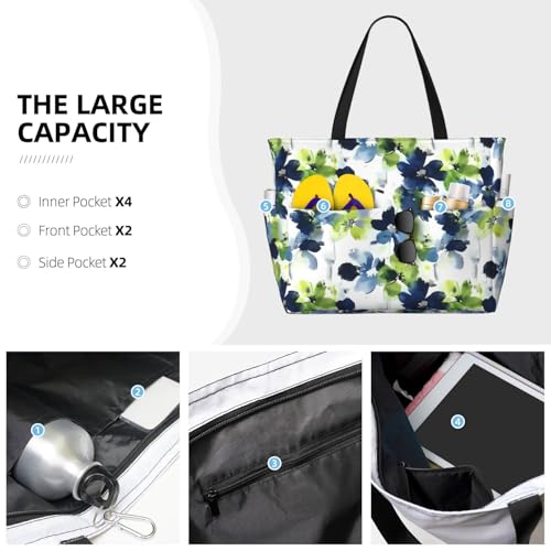 Large Beach Bag for Women Waterproof Foldable Travel Shoulder Tote Bag with Pocket for Weekender Pool Vacation - color: Floral White