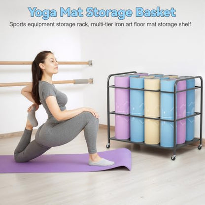 Yoga Mat Storage Rack with Wheels, Rolling Home Gym Organizer for Fitness Equipment, Heavy Duty Iron Workout Cart Holds 12 Mats, 31.5 x 19.7 x 29.5 Inches, Black Black