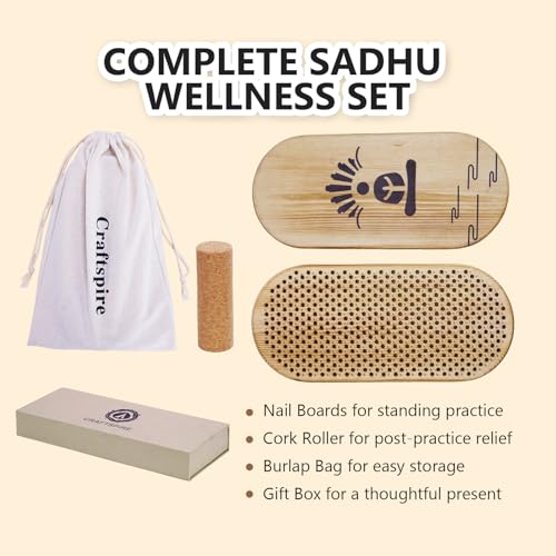 Sadhu Board Set, Wooden Board with 10mm Nail Spacing & Galvanized Nails, Acupuncture Foot Massage Tool for Standing, Yoga, Mindfulness & Meditation, Gift Box, Storage Bag & Cork Roller