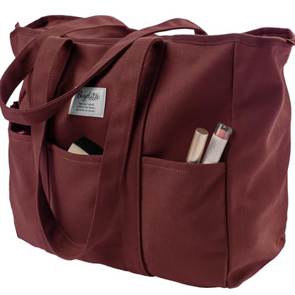 Bagelite Extra Large Canvas Tote for Women Men, Utility Work Bag with Zipper - color: Wine Red