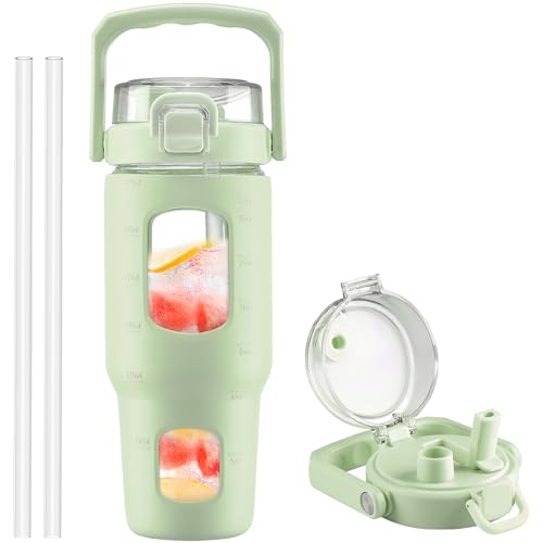 BLUEGO 32oz Glass Water Bottle with Handle and Straw|Leakproof Sports Glass Bottle with Time Marker and Silicone Sleeve|Glass Drinking Bottle for Travel, Gym, Workout, Green - color: Light Green, size: 32 Ounces
