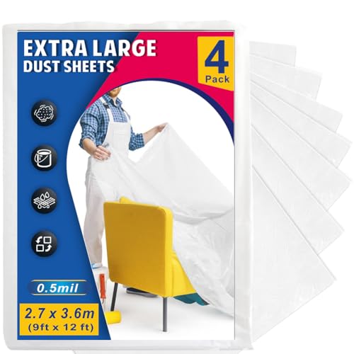 12 x 9 Ft Plastic Drop Cloths (4 - Pack) - Painter Plastic Drop Cloths Sheet - Waterproof Anti-dust Cover - Painter's Sheeting & Tarps for Painting - Waterproof Furniture/Couch/Floor Protection
