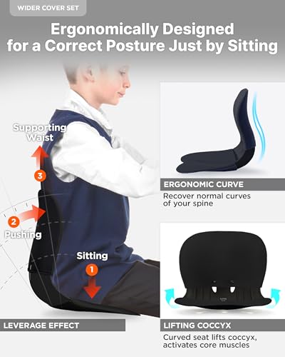 curble Wider – Ergonomic Desk Chair Seat Cushion, Everyday Passive Posture Trainer for Work from Home, Office & Car, Breathable Lumbar Support (Black) - color: Set Black