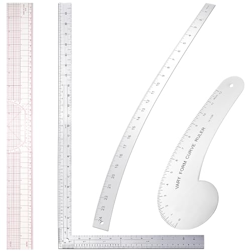 Xuhal 4 Pcs Fashion Sewing Ruler with French Curves Aluminum Designers Ruler Kit Includes Curve Ruler, Hip Curve Ruler, L Square Curve Ruler and Plastic Grading Ruler for Design Crafts Sewing