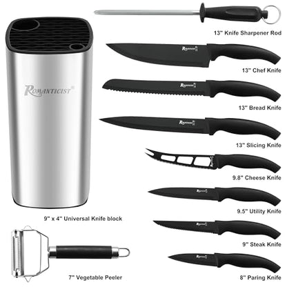 ROMANTICIST Kitchen Knife Sets, 10PCS High Carbon Stainless Steel Knife Sets with Block, Black Knife Block Set, Knives Set for Kitchen with Anti-slip Handle, Exquisite Knives Set New Home Essentials - color: Silver square knife block