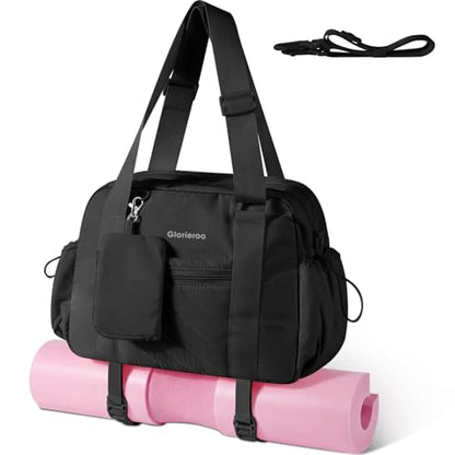 Small Gym Bag for Women - Duffle Weekender Work Duffel Carry on Tote Bag | Puffer Yoga Mat Holder Wet Compartment Coin Purse BPA-Free - color: Black