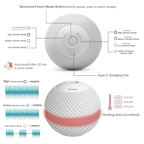 Heating Vibrating Massage Ball with 7 Modes & Memory Function | Electric Massage Ball with Recessed Button Design for Myofascial Release, Deep Tissue & Trigger Point Therapy (Gray) - color: Gray