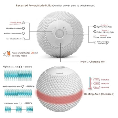 Heating Vibrating Massage Ball with 7 Modes & Memory Function | Electric Massage Ball with Recessed Button Design for Myofascial Release, Deep Tissue & Trigger Point Therapy (Gray) - color: Gray