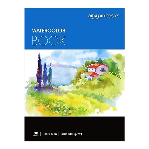 Amazon Basics Watercolor Pad for Beginners, Artists, Adults and Students, Cold Press Textured Surface, 9"x12", 140 lb / 300 gsm, 30 Sheets, White