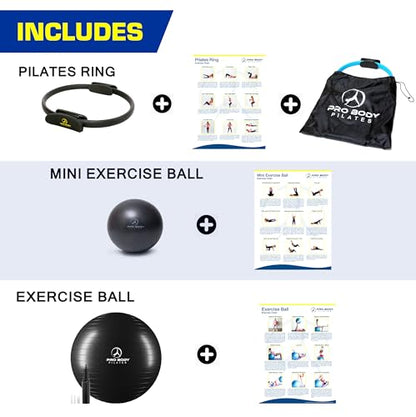 ProBody Pilates Black 14" Magic Circle, 9" Mini Exercise Ball and 65 cm Yoga Ball (3pcs) for Stability, Barre, Yoga, Core Training and Physical Therapy