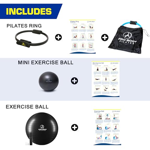 ProBody Pilates Black 14" Magic Circle, 9" Mini Exercise Ball and 65 cm Yoga Ball (3pcs) for Stability, Barre, Yoga, Core Training and Physical Therapy