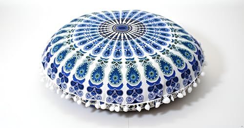 INDIAN CRAFT CASTLE ICC 32 Inch Large Round seat Floor Cushion Cover Chair Ottoman Pouf Pillow Cover Meditation Floor Cushion Covers Seating pouffe Throw Covers Sky Blue - color: Sky Blue