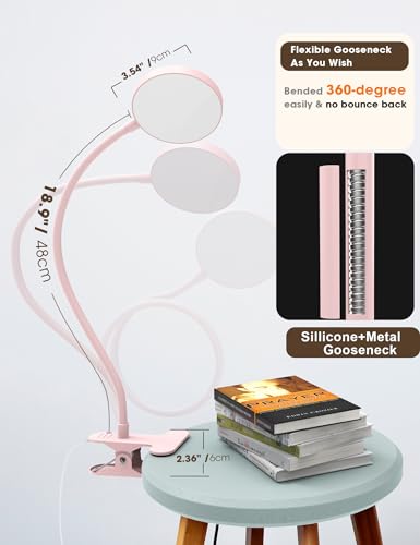 LiFMIRA Desk Lamp Clip on Light 8W 66 LED Reading Light for Bed Pink | 5 Colors 10 Dimming Levels, Eye Caring Metal Reading Lamp, Clip lamp for Bed Headboard Home Office - color: Pink