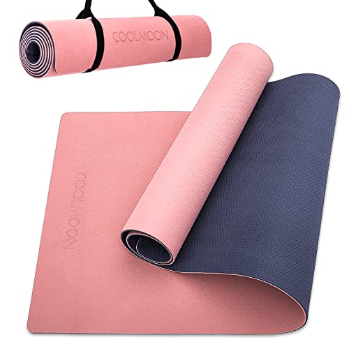 COOLMOON Yoga Mat Non Slip, Anti-Tear 1/4 Thick TPE Yoga Mats for Women and Men, 72"x24" Exercise & Fitness Mat with Carrying Strap, Workout Mats for Yoga, Pilates and Floor Exercise - color: Pink