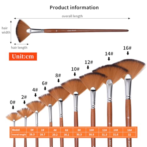 Artist Fan Paint Brushes Set,9 Pcs Professional Soft Anti-Shedding Fan Brush for Acrylic Oil Watercolor Gouache Painting Kits with Long Handle Nylon Hair