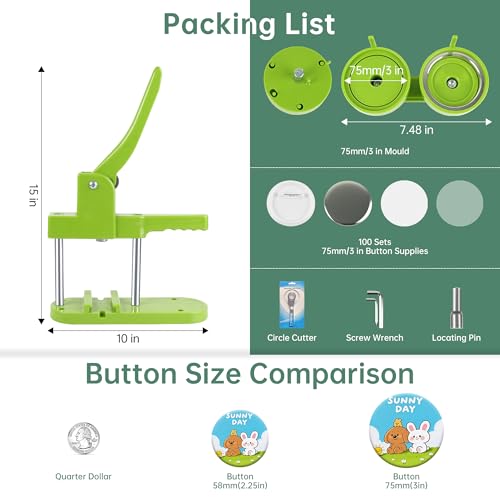 Happizza Button Maker Machine, 75mm(3 inch) DIY Pin Button Maker Press Machine Kit, Badge Button Press Machine Pin Maker Machine with Free 100pcs Button Parts&Pictures&Circle Cutter - size: Round - 75 mm
