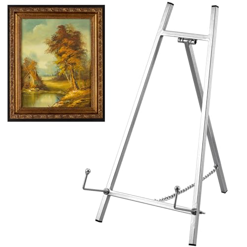 Leinuosen Metal Easel Stand 16.5" H x 8.7" W x 4.3" D Table Top Easel Stand for Display Tripod Art Picture Mirror Modern Plate Holder for Display Book Photo Wedding Sign(Silver) - color: Silver