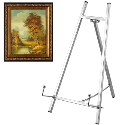 Leinuosen Metal Easel Stand 16.5" H x 8.7" W x 4.3" D Table Top Easel Stand for Display Tripod Art Picture Mirror Modern Plate Holder for Display Book Photo Wedding Sign(Silver) - color: Silver