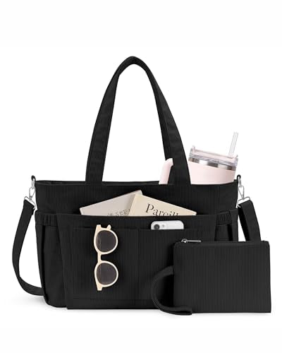NPBAG Corduroy Tote Bag for Women with 9 Pockets & 40oz Cup Holder, Laptop Work Purse for Teacher Nurse, Travel College Bag - color: Black