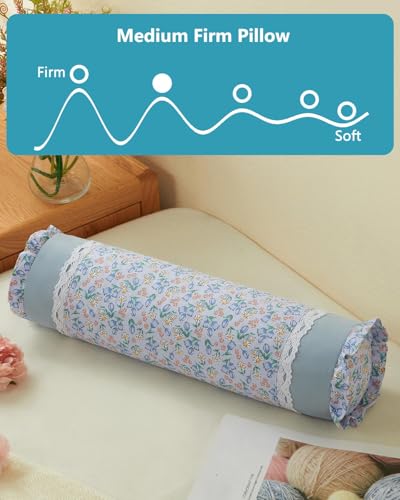 Buckwheat Hull Neck Roll Pillow -15.7" x4.7” Adjustable Firmness Cervical Support for Sleep & Yoga, Cooling Floral Cotton Cover, Ergonomic Bolster Pillow, Blue - color: Grass-blue