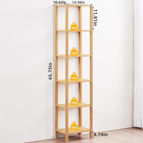 YUFAM 6 Tier Tall Skinny Bookshelf, Narrow Bookcase, Wooden Shelf, Natural - color: Natural, size: 6-Tier
