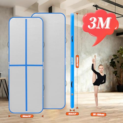 SUDOO Gymnastics Air Mat 10ft/13ft/16ft Inflatable Air Tumble Track Mat 4" Thick Tumbling Mat With Pump or No Pump for Training Tumble Yoga Cheerleading Parkour Beach Water Activities Home Use - color: Blue, size: 10ft*3.3ft*4in (3*1*0.1m)