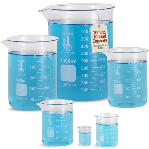 Karter Scientific, 3.3 Boro, Griffin Low Form, Glass Beaker Set - 6 Sizes - 10ml, 50ml, 100ml, 250ml, 500ml, 1000ml - size: 6-Piece Set, style: Pack of 6