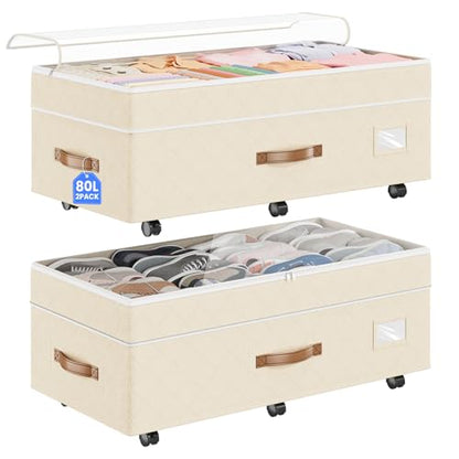 Budding Joy 80L 2 Pack Adjustable Under Bed Storage with Wheels, Beige - color: Beige