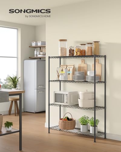 SONGMICS 4-Tier Bathroom Shelf, Storage Rack for Small Space | Extendable Design, 11.8 x 35.4 x 47.6 Inches, Removable Hook, Ink Black, DALTEN Collection ULGR194BH01 - color: Ink Black, size: 4 Tiers (11.8"D x 35.4"W), style: Without PP Shelf Liners