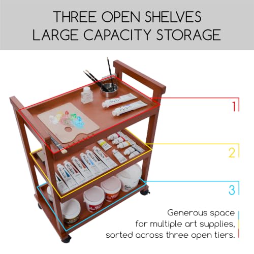 MEEDEN Rolling Art Supply Cart: Solid Beech Wood 3-Tier Storage Trolley - color: Deep Walnut