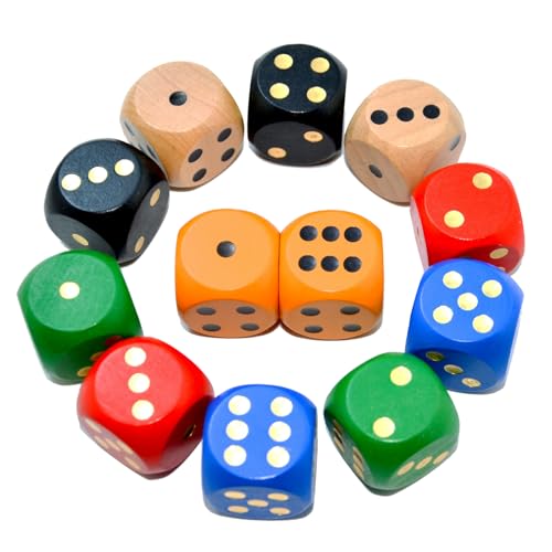 SmartDealsPro Random Color Large 1 1/5" Round Edge Wooden Dice (6 Colors 12 Pieces) - color: 6 Colors 12 Pieces