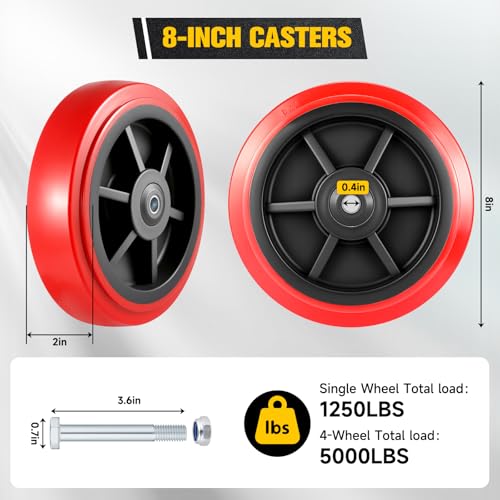 8 Inch Wheels，Heavy Duty Replacement Wheels,Caster Set of 4 Load 5000 Lbs | Polyurethane Surface TPE Casters,Dual Ball Bearings,Heavy Duty Wheels Replace,for Replace Flatbed Cart & Trolleys Wheels - size: 8 INCH
