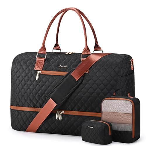 LOVEVOOK Travel Duffle Bag for Women, Weekender Overnight Bag with Shoe Compartment, Carry on Bag with Toiletry Bag, Gym Duffel Bag with Wet Pocket, Hospital Bags for Labor and Delivery 3 Pcs Set - color: Black-Brown, size: Large