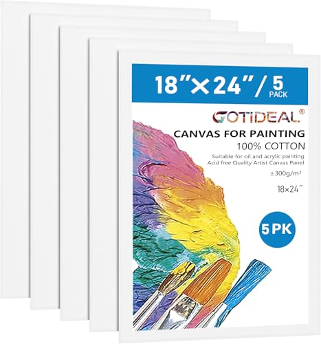 Canvases for Painting, 18x24 inch of 5 Pack, 100% Cotton | Professional Primed White Blank Flat Canvas Panels, Artist Canvas Boards for Acrylics Painting, Oil Watercolor Tempera - size: 18"x24"
