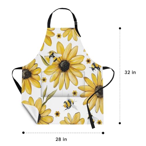 2 PC Aprons Stripe Durable Adjustable Bib with Pockets Apron for Women Men Lovers Chef Home Kitchen Cooking Garden - color: Yellow Flowers