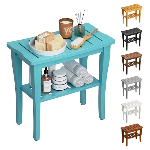 Bamboo Shower Bench Stool with Storage Shelf, Waterproof Shower Chair Spa Bath Seat, Shower Stool for Inside, Bathroom Bench Seat for Adults Elderly Seniors for Indoor or Outdoor Use(Sky Blue) - color: Sky Blue