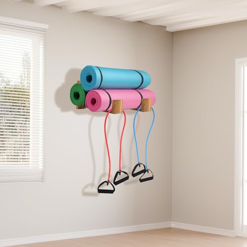 Yoga Mat Holder Wall Mount Yoga Mat Storage Rack,Wall Shelf Organizer, Foam Roller Wall Hooks, Hold 3 yoga mats, Fitness Gear Organizer By Wood